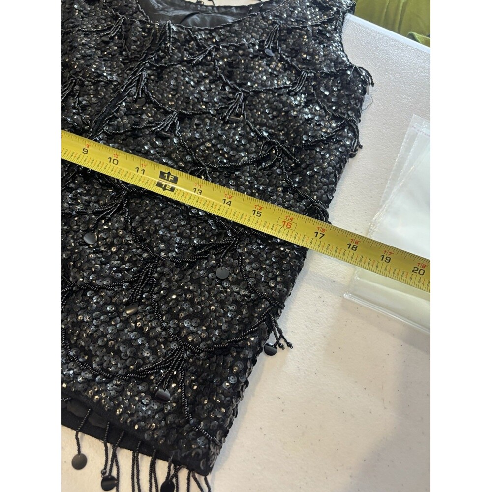 Vintage 60s Flapper Black Shiny Beaded Blouse Top Fringe Sequins Silk M Glam - Picture 4 of 16